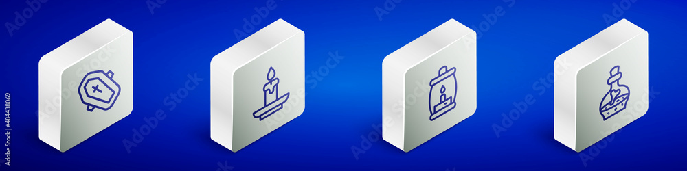 Set Isometric line Coffin with cross, Burning candle, Camping lantern and Bottle potion icon. Vector Set Isometric line Coffin with cross, Burning candle, Camping lantern and Bottle potion icon. Vector