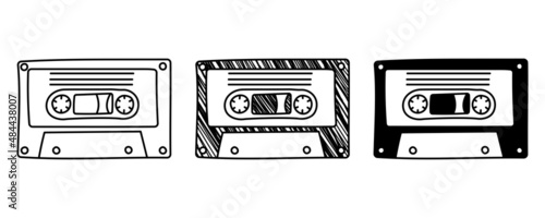 Set of hand drawn vector Audio cassette tape in doodle cartoon style