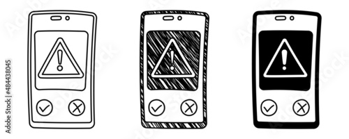 Set of hand drawn vector telephones with warning sign in doodle cartoon style