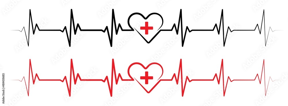 Medical heart rhythm diagram, red black EKG, ECG heartbeat line vector design to use in healthcare, healthy lifestyle, medical care, cardiology project.