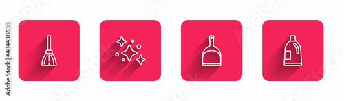 Set line Handle broom, Home cleaning service, Dustpan and Bottle for agent with long shadow. Red square button. Vector