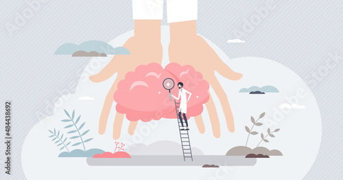 Neurosurgery doctor as brain and head health specialist tiny person concept. Patient medical examination with MRI scan or other radiology procedure to get diagnosis and treatment vector illustration.