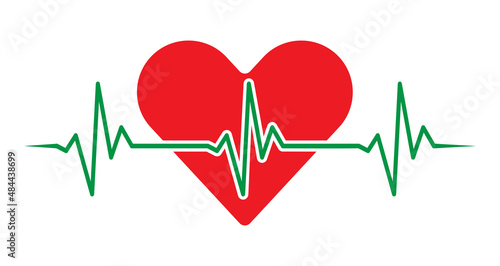 Red heart with green EKG, ECG line on white background. Creative medical vector design to use in healthcare, healthy lifestyle, medical care, cardiology project.