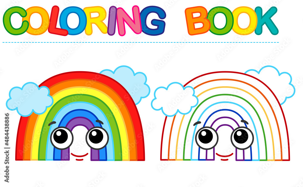 Coloring page funny smiling rainbow. Vector coloring book for childrens