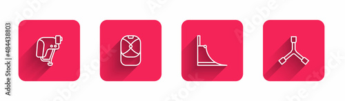 Set line Skateboard helmet, Baseball cap, park and Y-tool with long shadow. Red square button. Vector