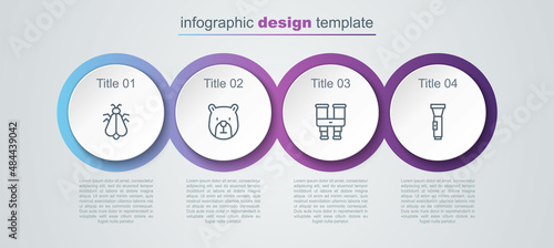 Set line Mosquito, Bear head, Binoculars and Flashlight. Business infographic template. Vector