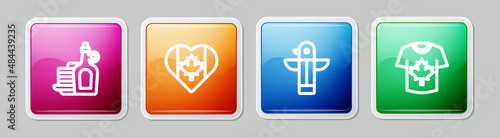 Set line Syrup with pancakes, Heart shaped Canada flag, Canadian totem pole and Hockey jersey. Colorful square button. Vector