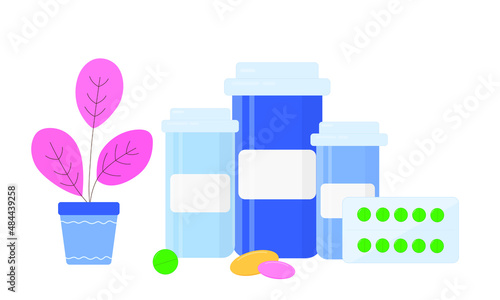 Medicine bottle with pills, capsules, blister with pills. Flat vector illustration