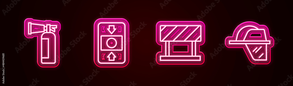 Set line Fire extinguisher, alarm system, Road barrier and Firefighter helmet. Glowing neon icon. Vector Set line Fire extinguisher, alarm system, Road barrier and Firefighter helmet. Glowing neon icon. Vector
