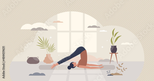 Pilates activity for muscle stretching and flexibility tiny person concept. Sport exercising for endurance, wellness and strength vector illustration. Press and balance development workout posture.
