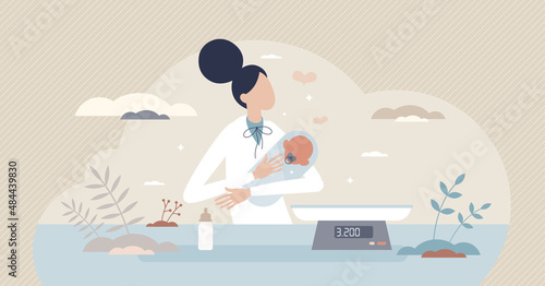 Neonatal nurse childcare for premature newborn babies tiny person concept. Clinical infant weight measurements and hospital intensive care after medical problems or birth defects vector illustration.