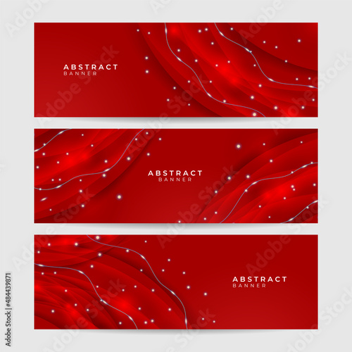 Set of modern light wave red abstract banner design background