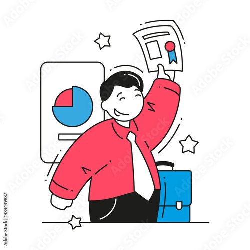 Happy business man celebrating success with certificate achievement and profit growth graph vector flat illustration. Smiling male office employee enjoying business project award isolated on white