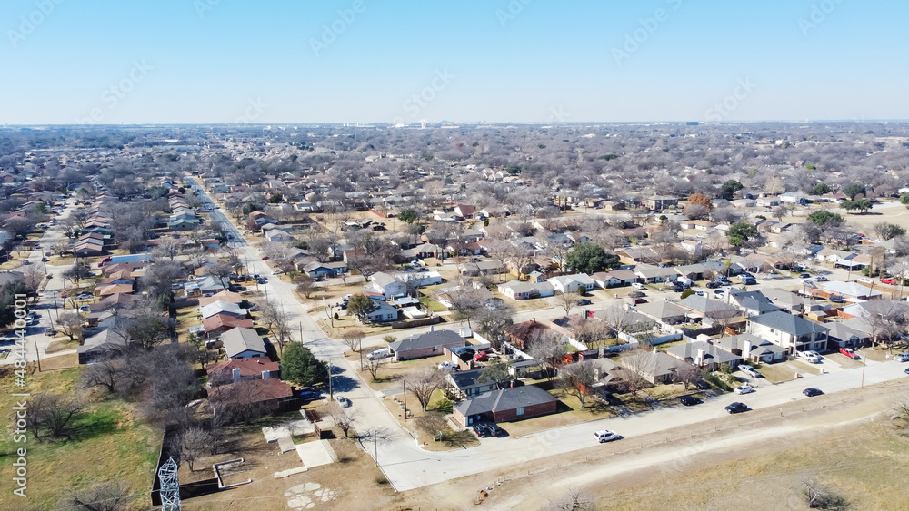 Top view suburban neighborhood southwest of Downtown Dallas, Texas, USA in horizontal line