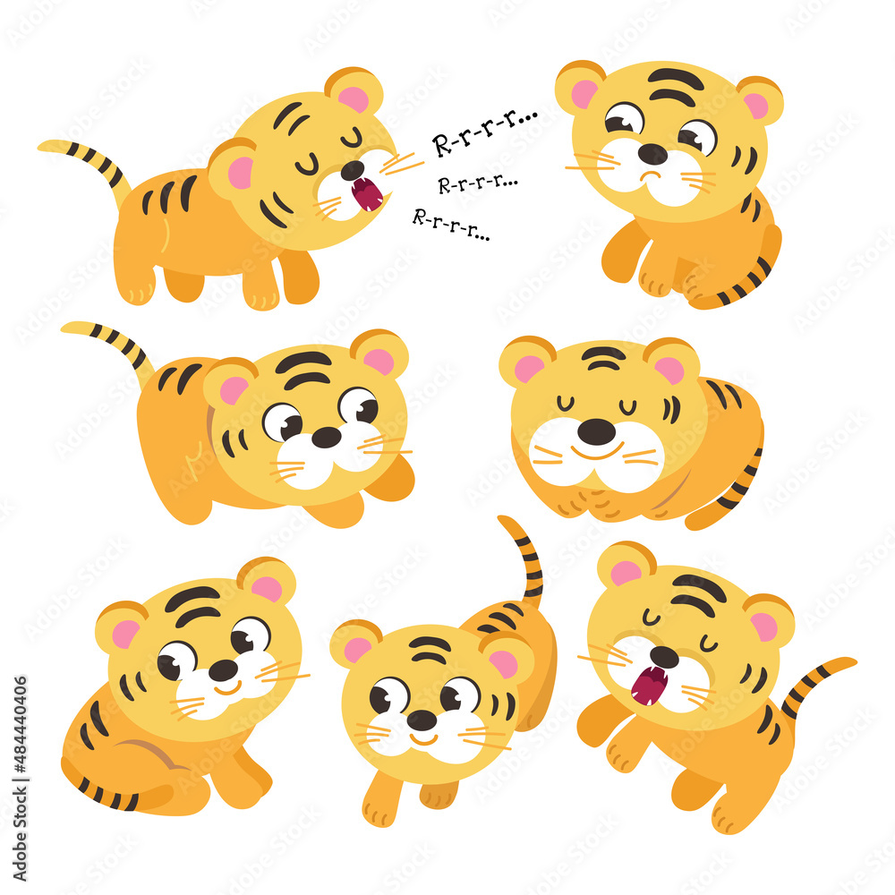 Set of tiger cubs with different emotions and poses. Cute animals in cartoon style for design. Vector illustrations, full color. Set of tiger cubs with different emotions and poses. Cute animals in cartoon style for design. Vector illustrations, full color.