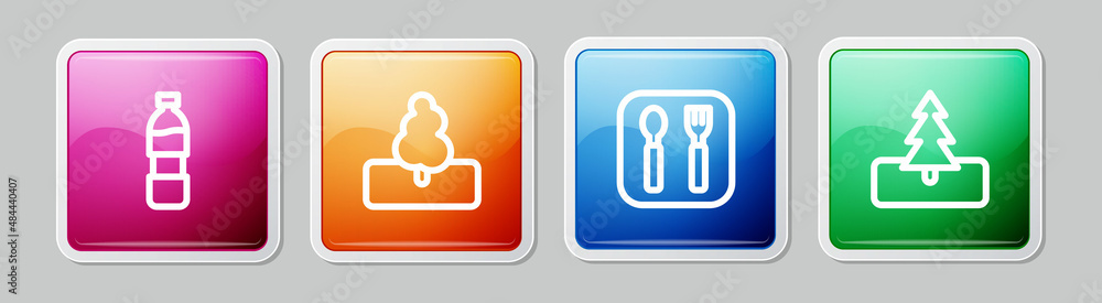 Set line Bottle of water, Tree, Fork and spoon and . Colorful square button. Vector Set line Bottle of water, Tree, Fork and spoon and . Colorful square button. Vector
