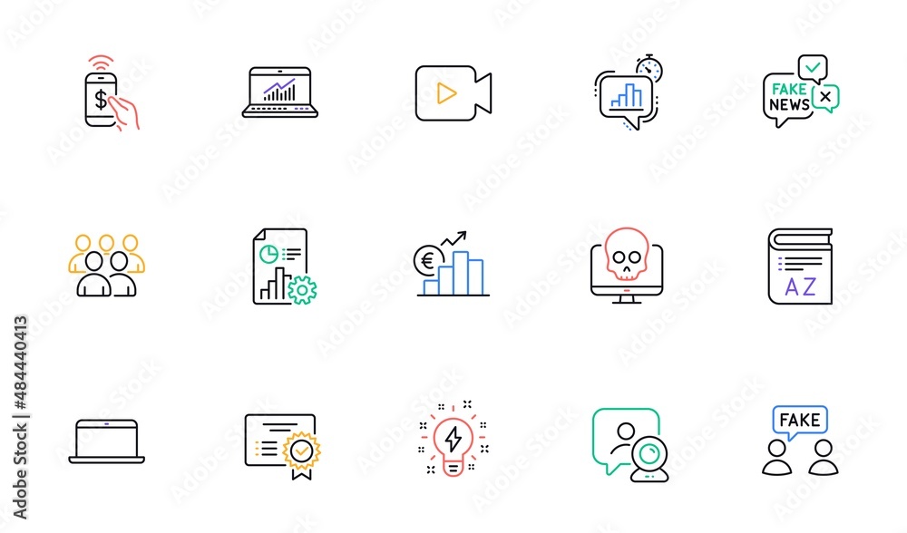 Cyber attack, Laptop and Group line icons for website, printing. Collection of Statistics timer, Euro rate, Report icons. Fake information, Certificate, Fake news web elements. Vector