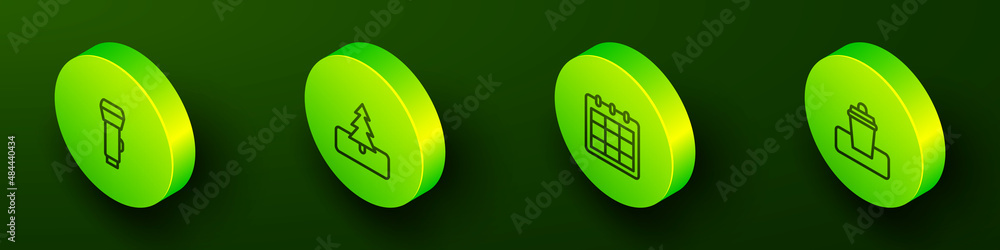 Set Isometric line Flashlight, Tree, Calendar and Trash can icon. Vector Set Isometric line Flashlight, Tree, Calendar and Trash can icon. Vector