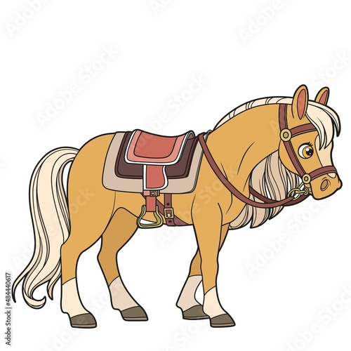 Cute cartoon horse in harness color variation for coloring page isolated on white background
