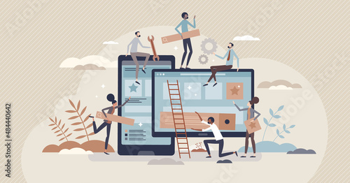 Mobile app development and application design coding tiny person concept. Smartphone software programming or website optimization with teamwork and productive testing cooperation vector illustration.