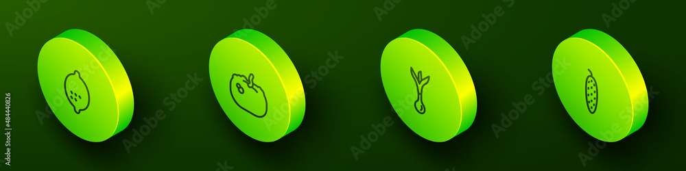 Set Isometric line Lemon, Pumpkin, Onion and Cucumber icon. Vector Set Isometric line Lemon, Pumpkin, Onion and Cucumber icon. Vector