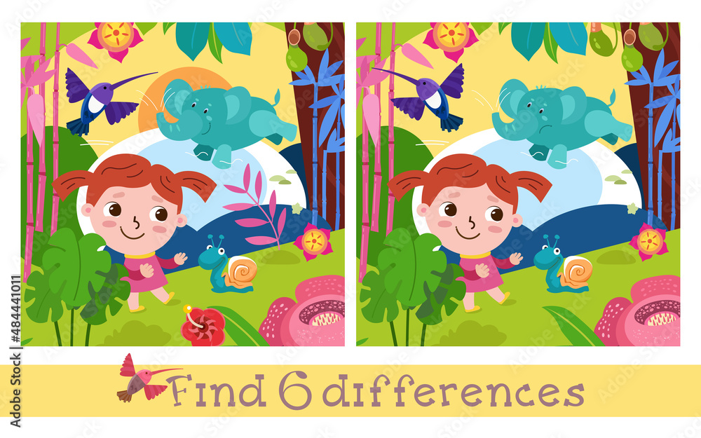 Girl travels through jungle, tropical forests. Characters in cartoon style. Find 6 differences. Game for children. Vector full color illustration.