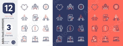 Set of Report, Teamwork and Inclusion line icons. Include Idea, Puzzle, Job interview icons. Online statistics, Article, Info web elements. Employee, Interview job, Start business. Vector