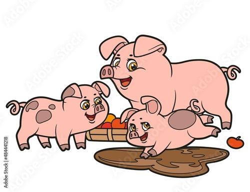 Pigs near the feeder and a piglet jumps into the mud color variation for coloring book on white background