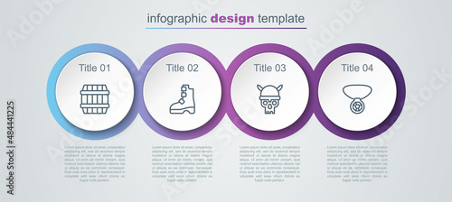 Set line Wooden barrel, Ancient viking boots, Skull with helmet and Necklace gem. Business infographic template. Vector