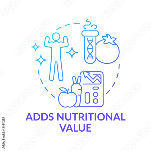 Adds nutritional value blue gradient concept icon. Genetically modified food. Advantages of gmo abstract idea thin line illustration. Isolated outline drawing. Myriad Pro-Bold fonts used