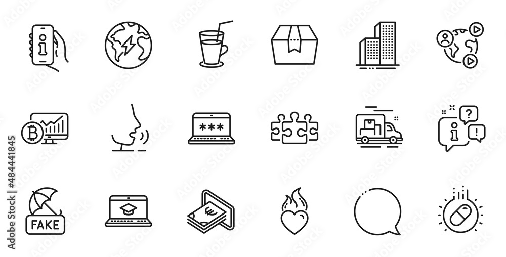 Outline set of Bitcoin chart, Fake news and Speech bubble line icons for web application. Talk, information, delivery truck outline icon. Vector