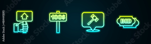 Set line Hand holding auction paddle, Auction hammer and Bid. Glowing neon icon. Vector
