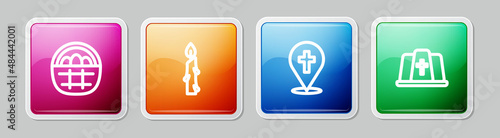 Set line Basket with easter eggs, Burning candle, Location church building and Pope hat. Colorful square button. Vector