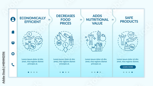 Advantages of gmo turquoise gradient onboarding template. Food issues. Responsive mobile website with linear concept icons. Web page walkthrough 4 step screens. Lato-Bold, Regular fonts used
