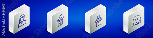 Set Isometric line Nun, Church sermon tribune, pastor preaching and Christian cross icon. Vector