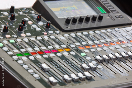 Sound mixer console. Audio and sound equipment. Musician