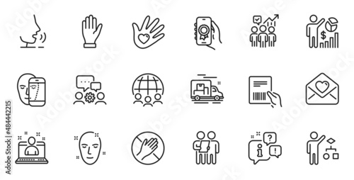 Outline set of Love letter, Global business and Health skin line icons for web application. Talk, information, delivery truck outline icon. Include Survey, Hand, Award app icons. Vector