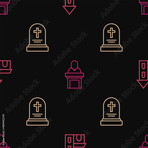 Set line Church building, Grave with tombstone and pastor preaching on seamless pattern. Vector