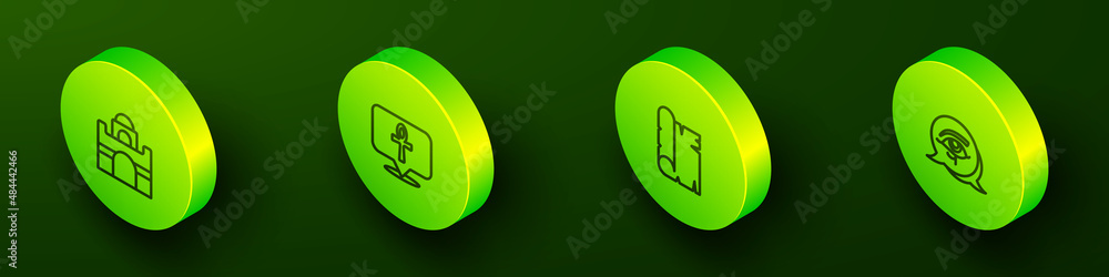 Set Isometric line Egyptian house, Cross ankh, Papyrus scroll and Eye of Horus icon. Vector Set Isometric line Egyptian house, Cross ankh, Papyrus scroll and Eye of Horus icon. Vector