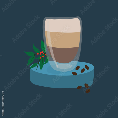transparent cup of coffee on a blue stand with coffee beans