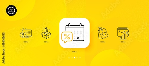 Startup, Wallet and Discounts calendar minimal line icons. Yellow abstract background. Loyalty tags, Bitcoin system icons. For web, application, printing. Innovation, Money account, Sale month. Vector