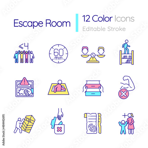 Escape room RGB color icons set. Family-friendly entertainment. Safety regulations. Isolated vector illustrations. Simple filled line drawings collection. Editable stroke. Quicksand-Light font used