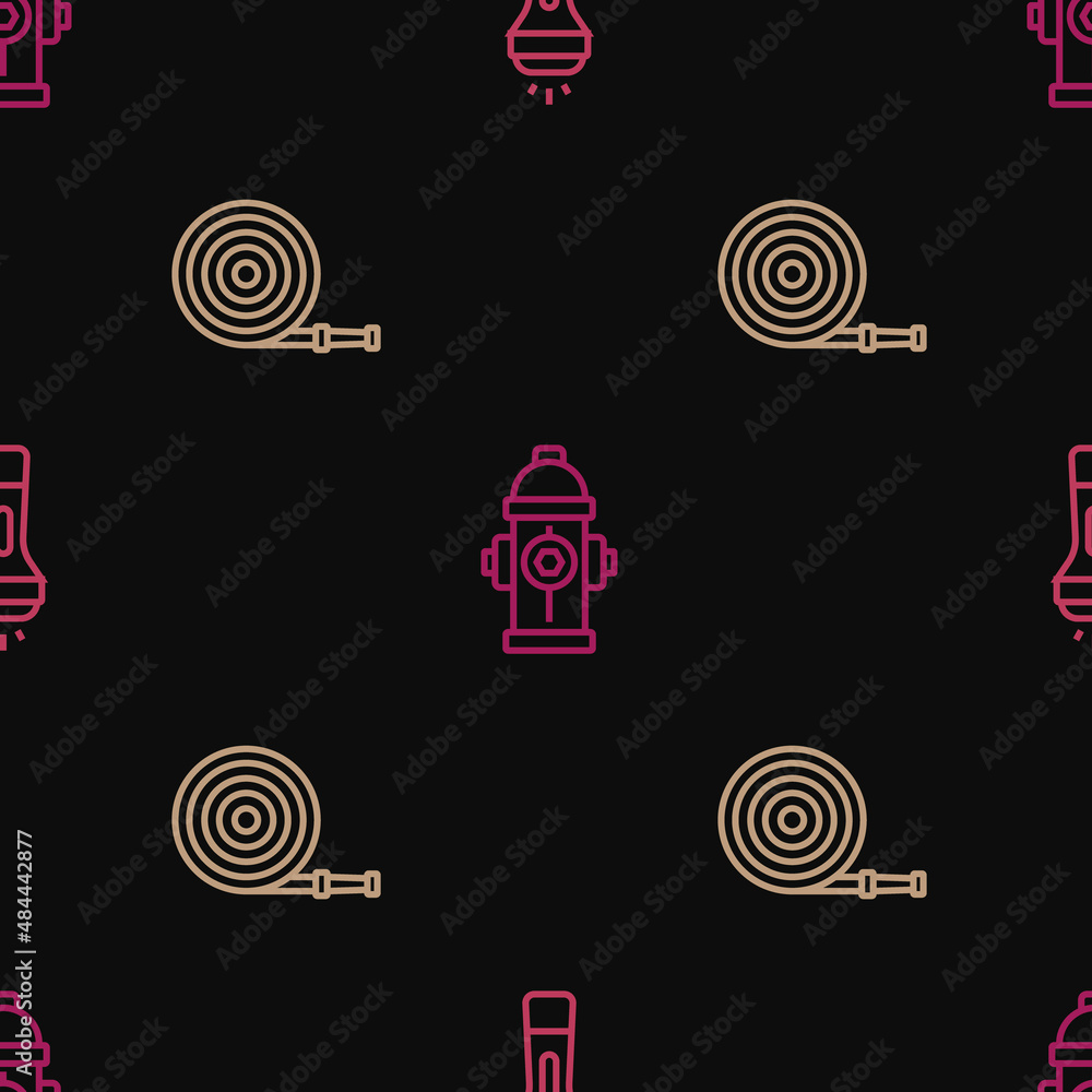 Set line Flashlight, Fire hose reel and hydrant on seamless pattern. Vector Set line Flashlight, Fire hose reel and hydrant on seamless pattern. Vector