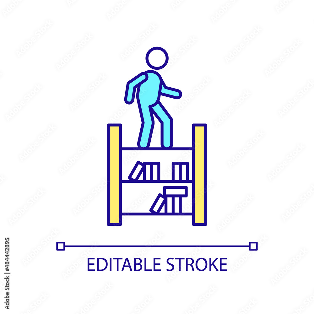 Jumping on bookshelves RGB color icon. Dont climb furniture. Behavior problem. Escape room restriction. Isolated vector illustration. Simple filled line drawing. Editable stroke. Arial font used Jumping on bookshelves RGB color icon. Dont climb furniture. Behavior problem. Escape room restriction. Isolated vector illustration. Simple filled line drawing. Editable stroke. Arial font used