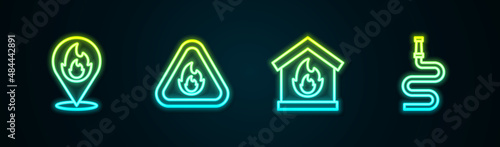 Set line Location with fire flame, Fire in triangle, burning house and hose reel. Glowing neon icon. Vector