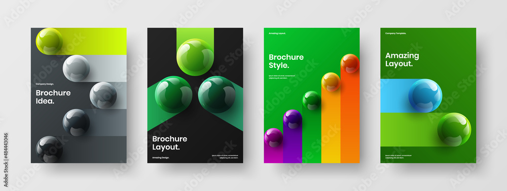 Multicolored company brochure A4 vector design concept composition. Colorful realistic spheres magazine cover template collection.