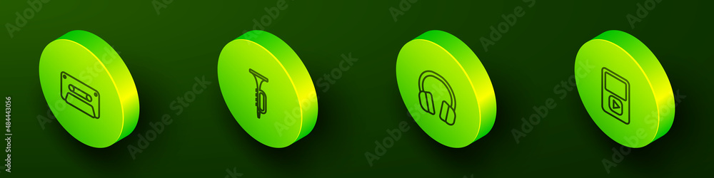 Set Isometric line Retro audio cassette tape, Trumpet, Headphones and Music player icon. Vector Set Isometric line Retro audio cassette tape, Trumpet, Headphones and Music player icon. Vector
