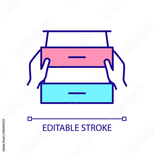 Checking drawers RGB color icon. Storage solutions. Organizing products and clothes. Furniture for office. Isolated vector illustration. Simple filled line drawing. Editable stroke. Arial font used