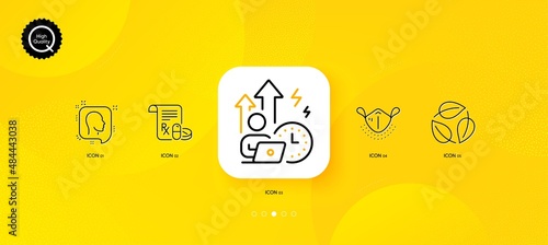 Leaves, Medical mask and Difficult stress minimal line icons. Yellow abstract background. Head, Medical prescription icons. For web, application, printing. Vector