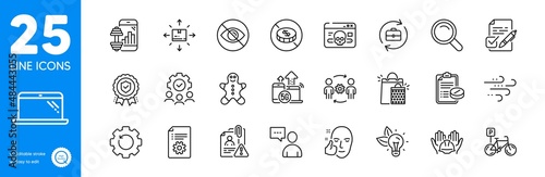 Outline icons set. 5g internet, Cardboard box and Not looking icons. Users chat, Gingerbread man, Technical documentation web elements. Laptop, Insurance medal, Windy weather signs. Vector